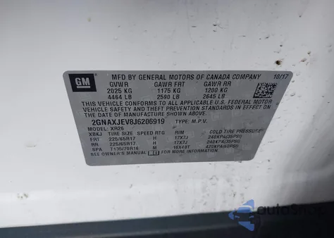 2018 Chevrolet Equinox Lt из США, поврежденный, VIN 2GNAXJEV8J6206919